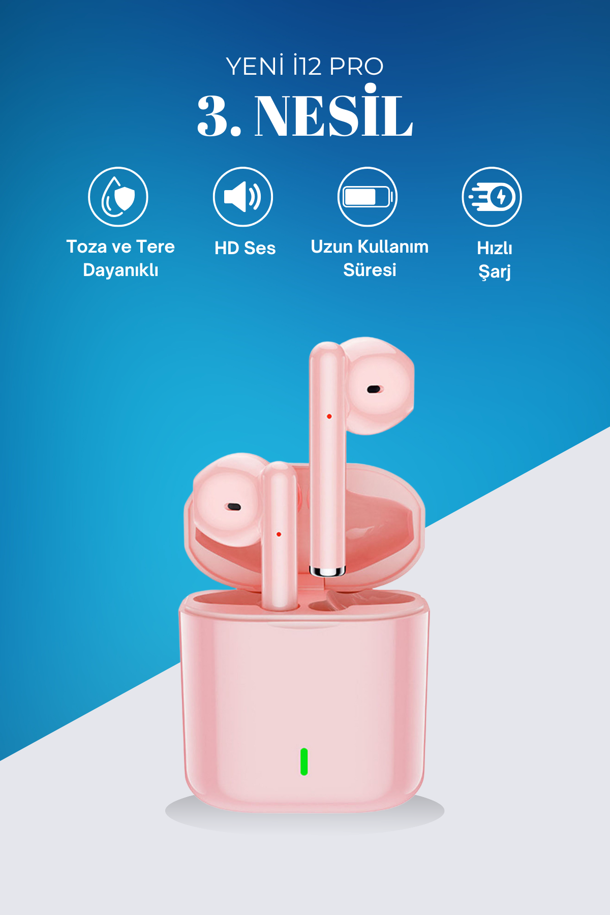 i12 Pro 3. Nesil Pembe Bluetooth Kulaklık